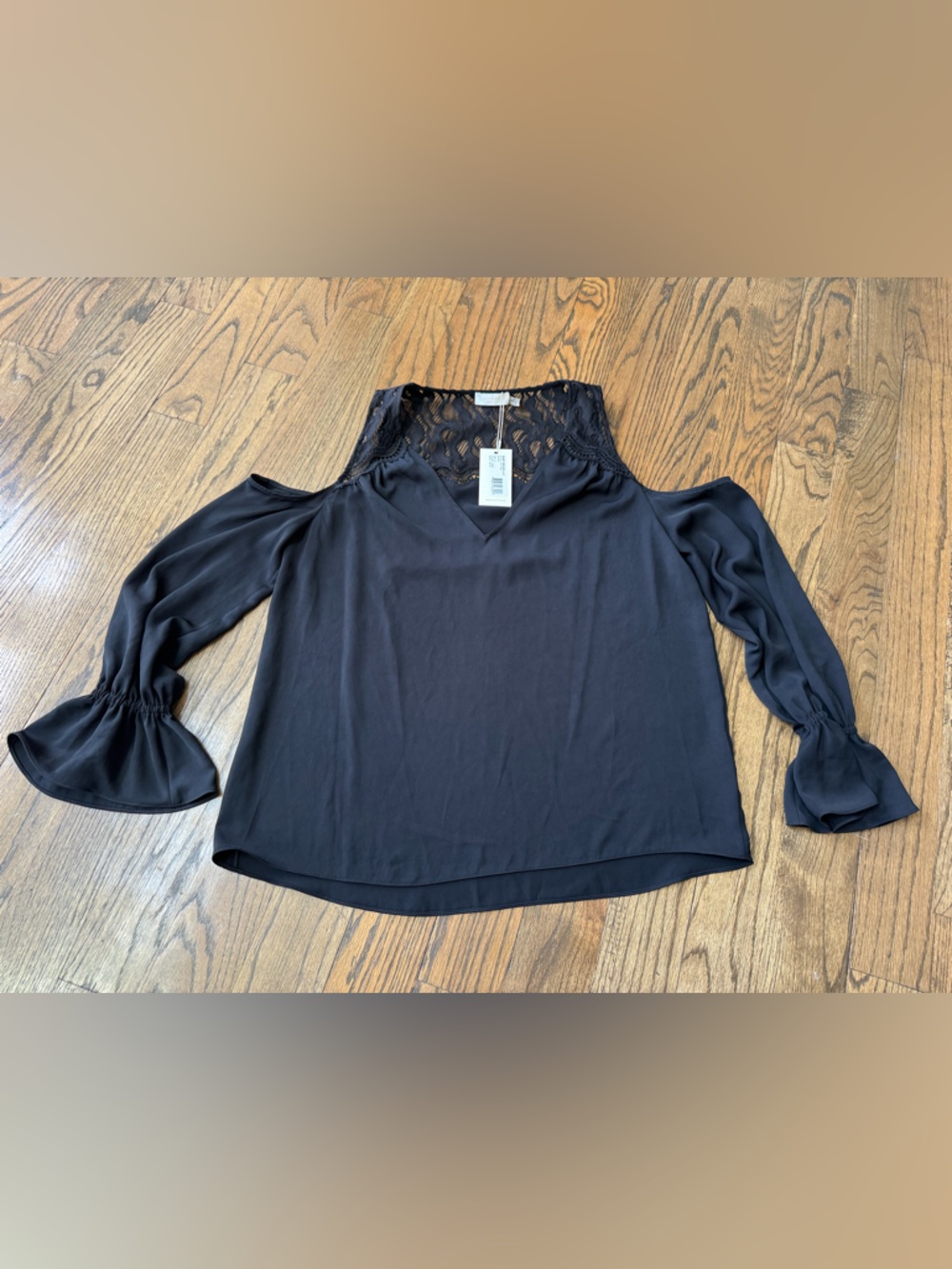 Ramy Brook Abigail Black Lace Bell Sleeve Blouse NWT Size M Statement Top